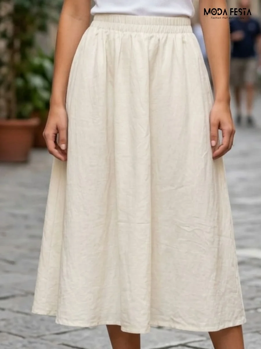 Ivory Textured Cotton-Linen Flowy Skirt